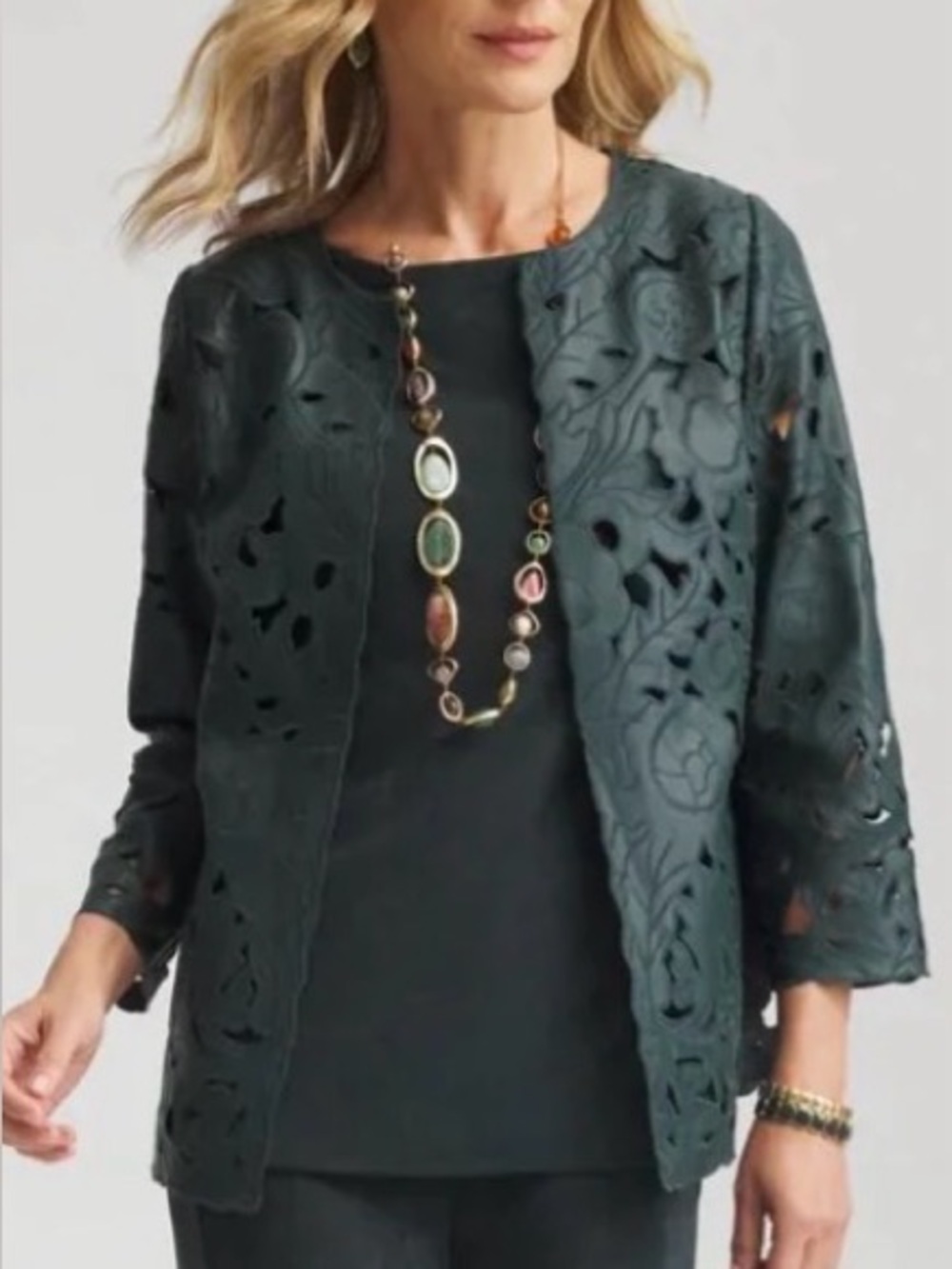 New CHICOS Women's Dark Green Laser-Cut Open Jacket Sz.0